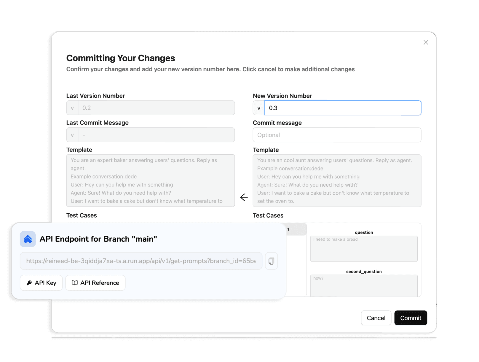 Commit prompts, retrieve through API